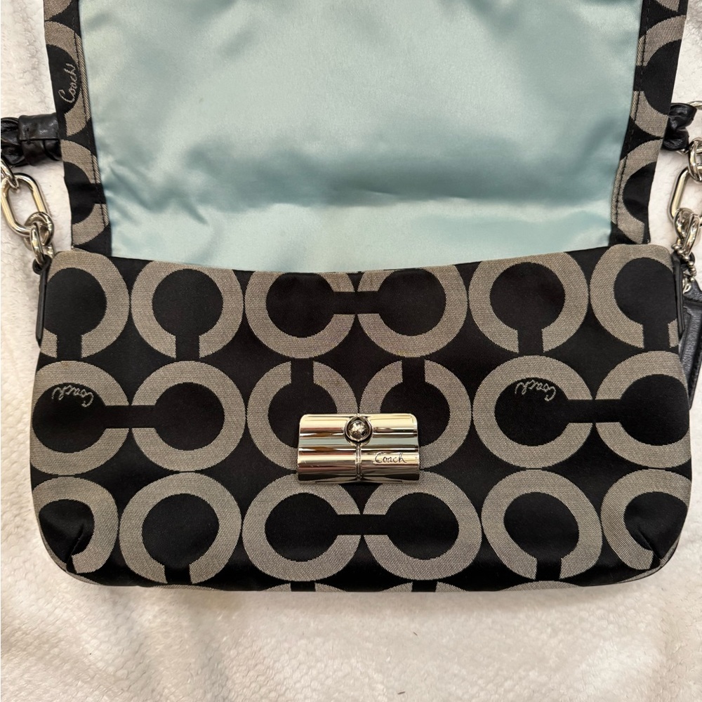 Coach Black/Gray Kristin Op Art Signature Flap Sateen Leather Shoulder Bag - Picture 4 of 14